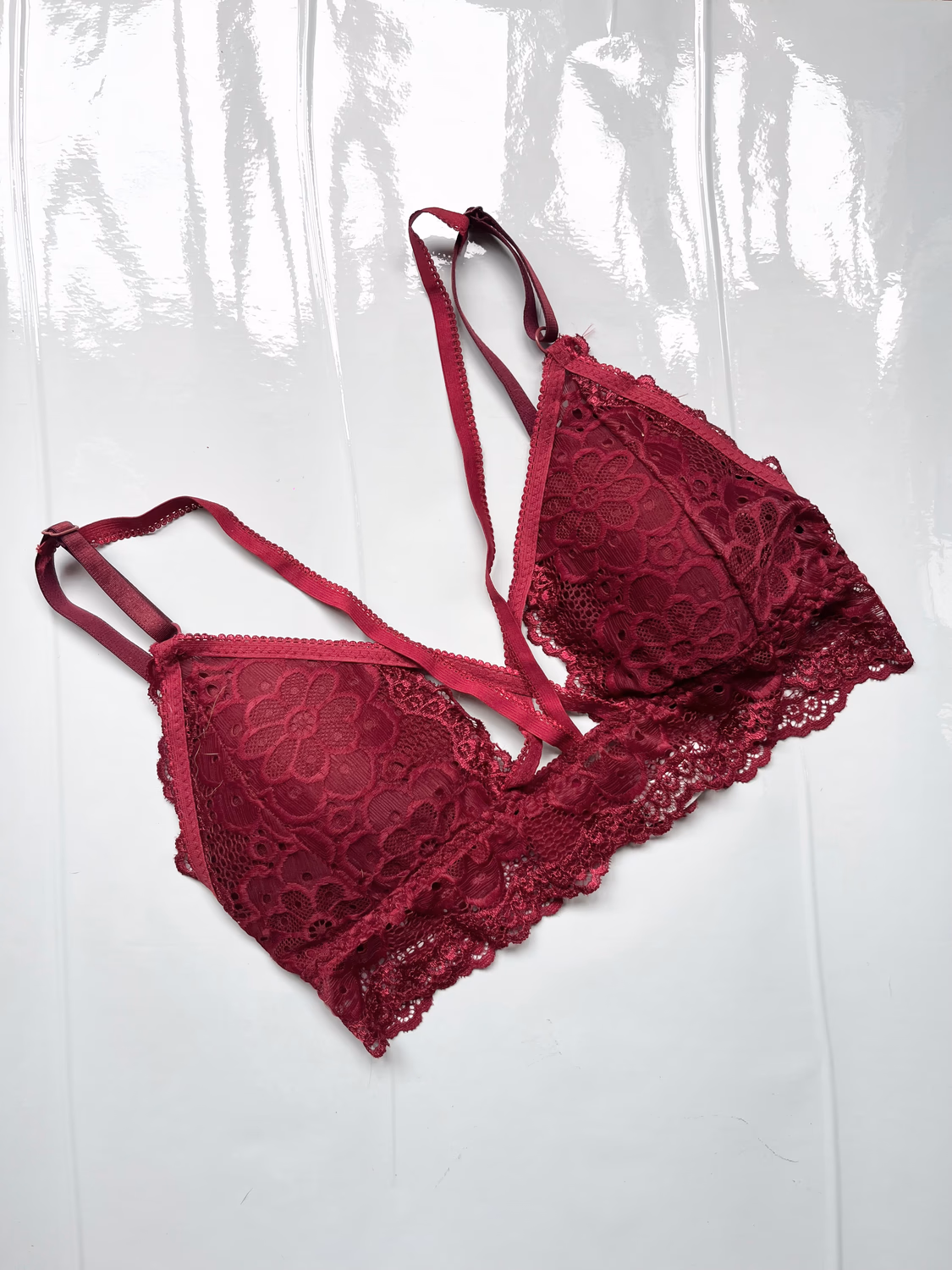 wine lace criss cross bra 