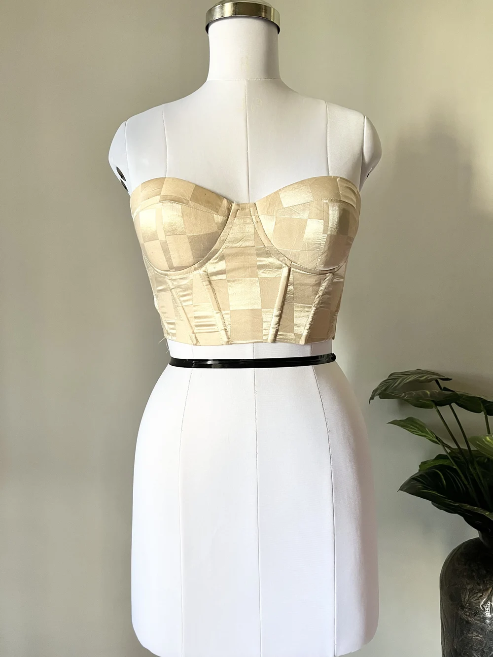 Beige checkered corset padded top thumbnail view 2