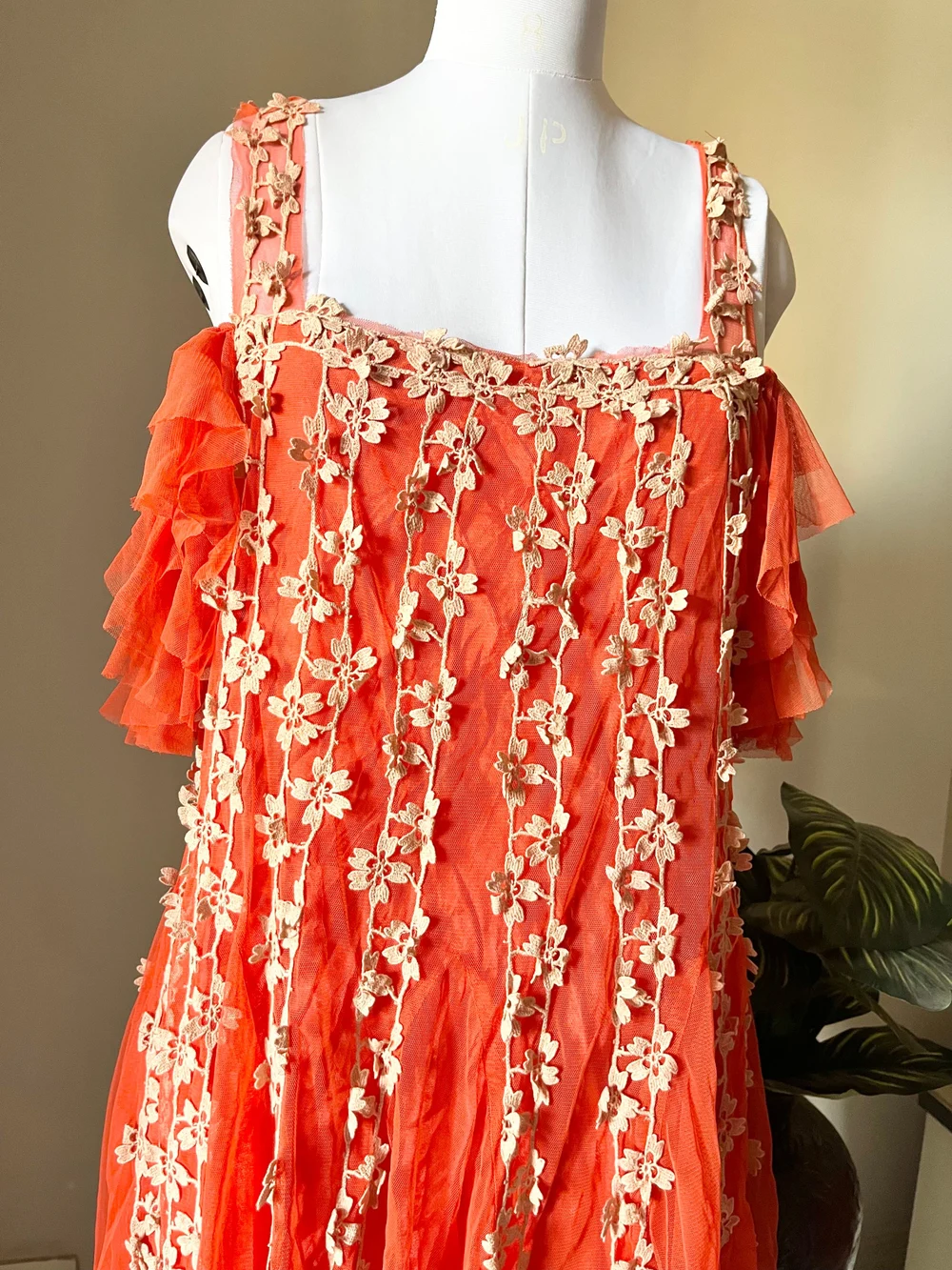 Applique work orange cold-shoulder dress  thumbnail view 4