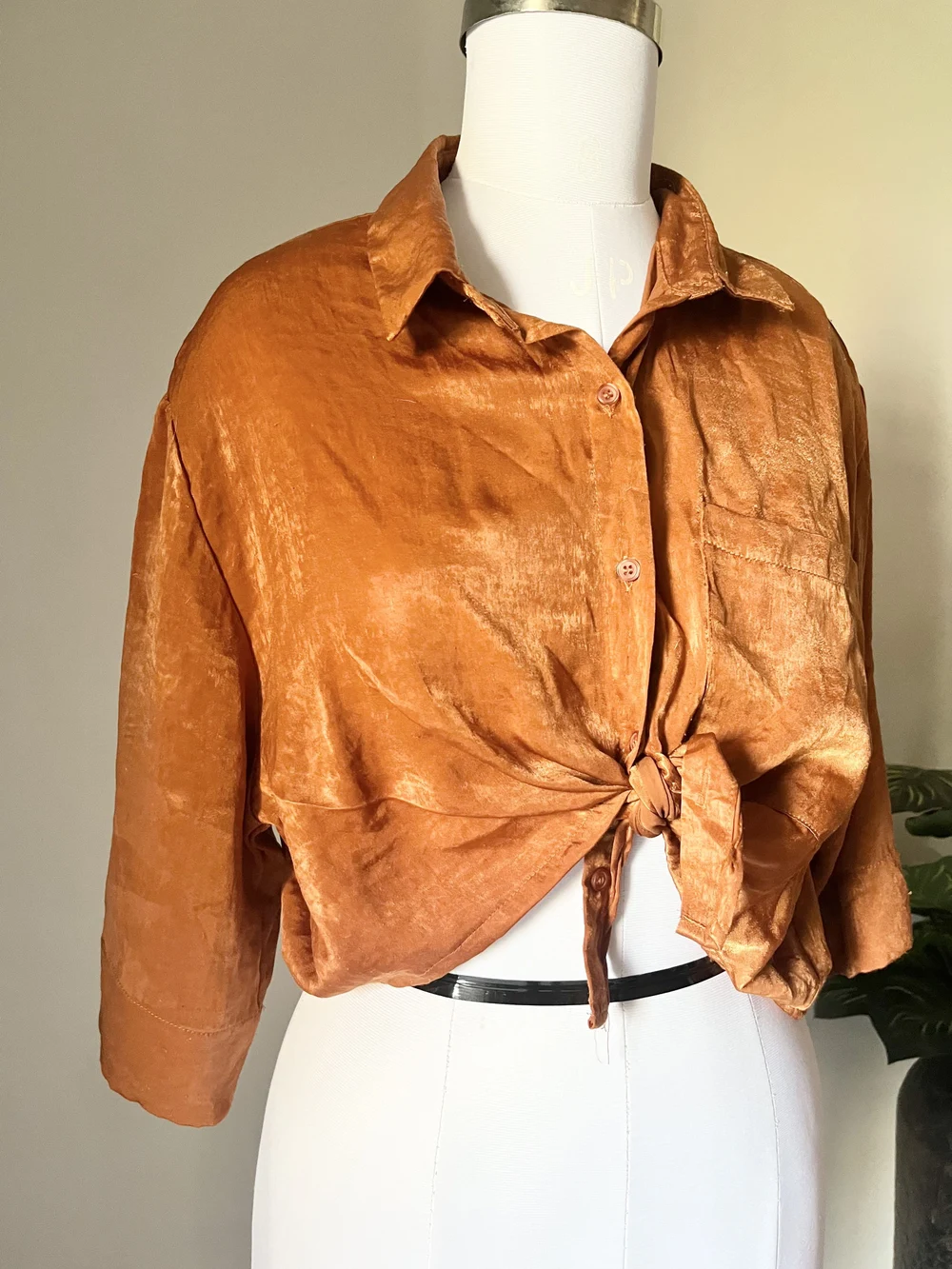 Burnt orange crop satin shirt thumbnail view 2