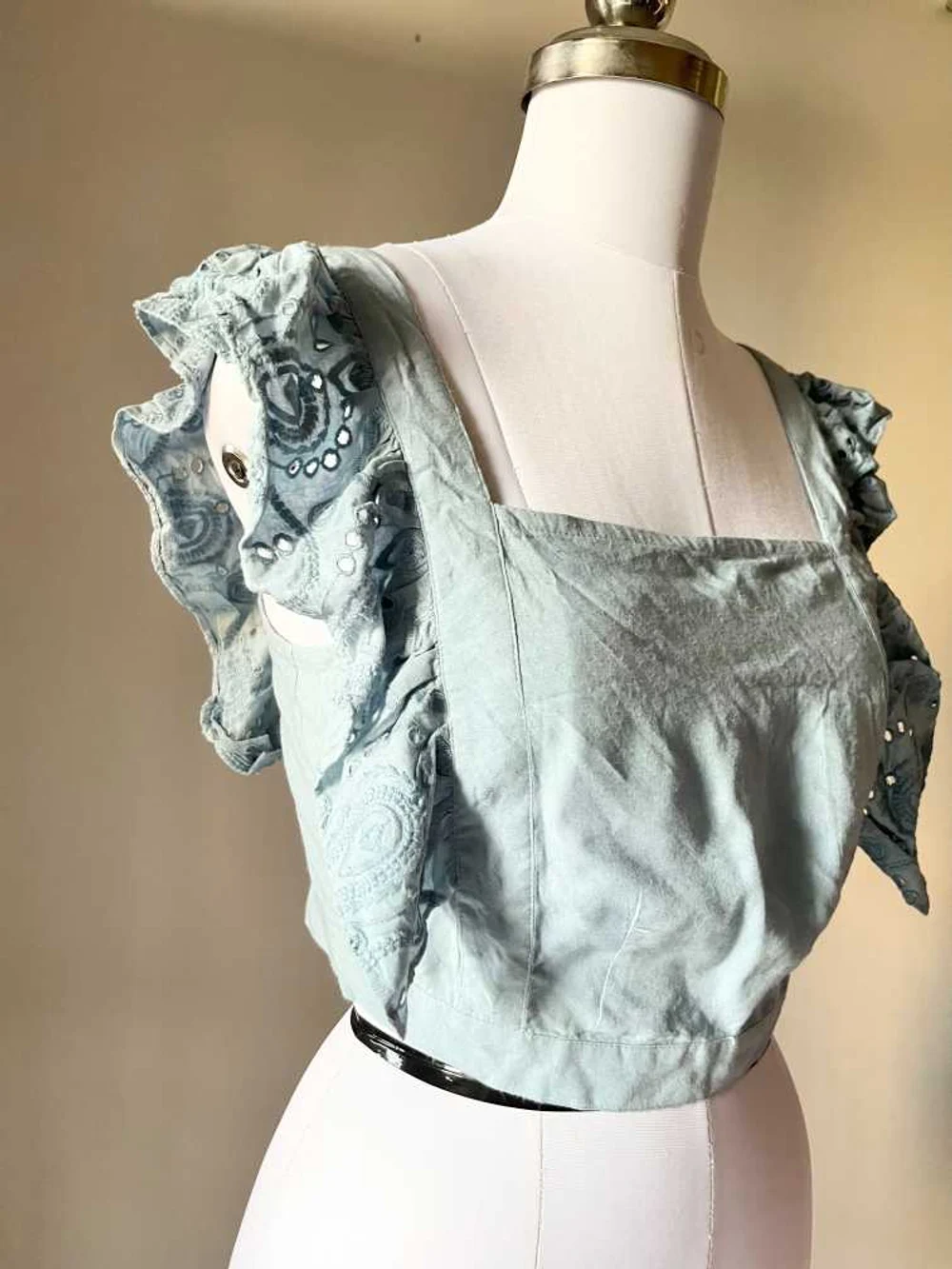 Blue denim style frill top  thumbnail view 2