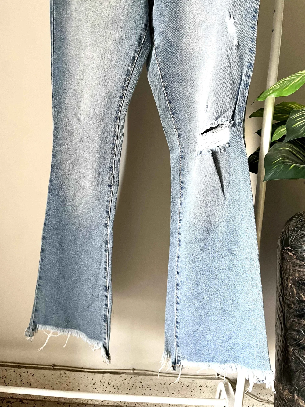 Blue bell-bottom ripped denim  thumbnail view 6