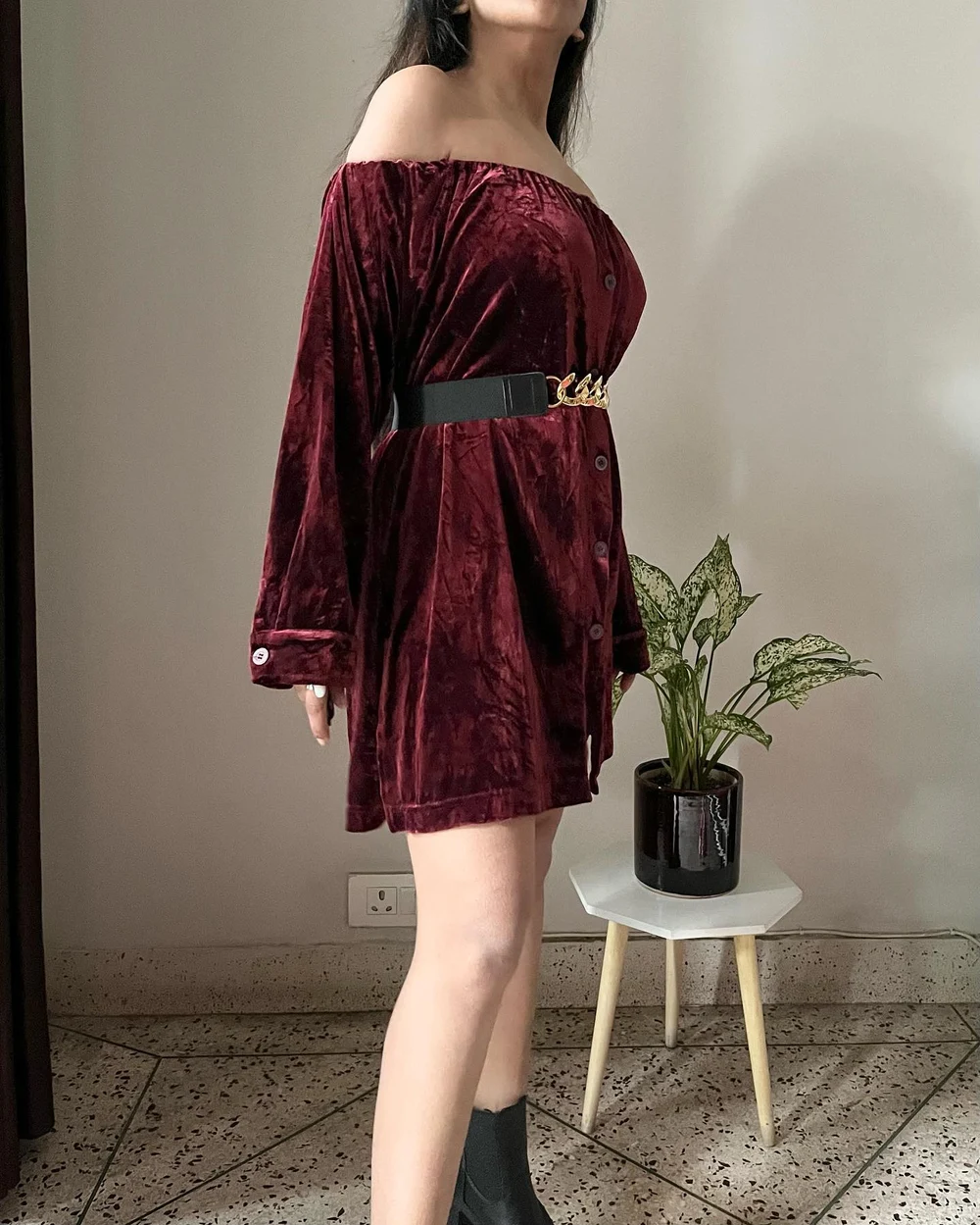 Off shoulder velvet shirt dress  thumbnail view 4