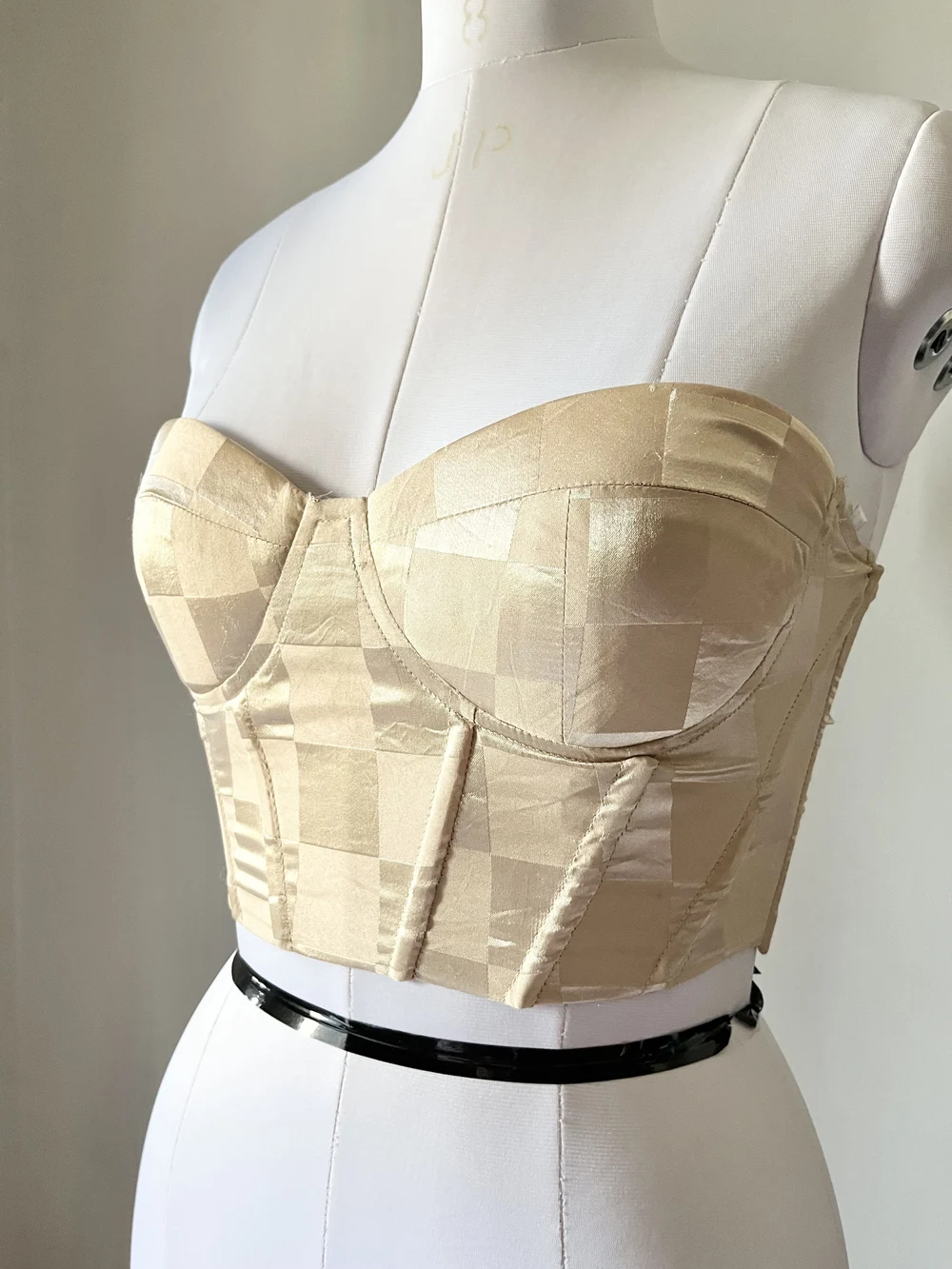 Beige checkered corset padded top thumbnail view 4
