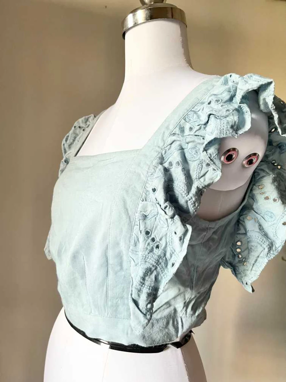 Blue denim style frill top  thumbnail view 3