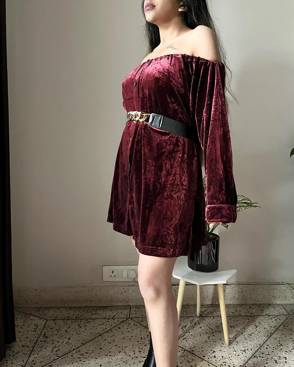 Off shoulder velvet shirt dress  thumbnail view 3
