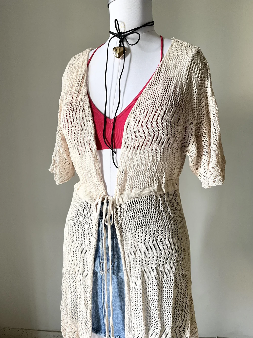 Beige crochet shrug thumbnail view 4