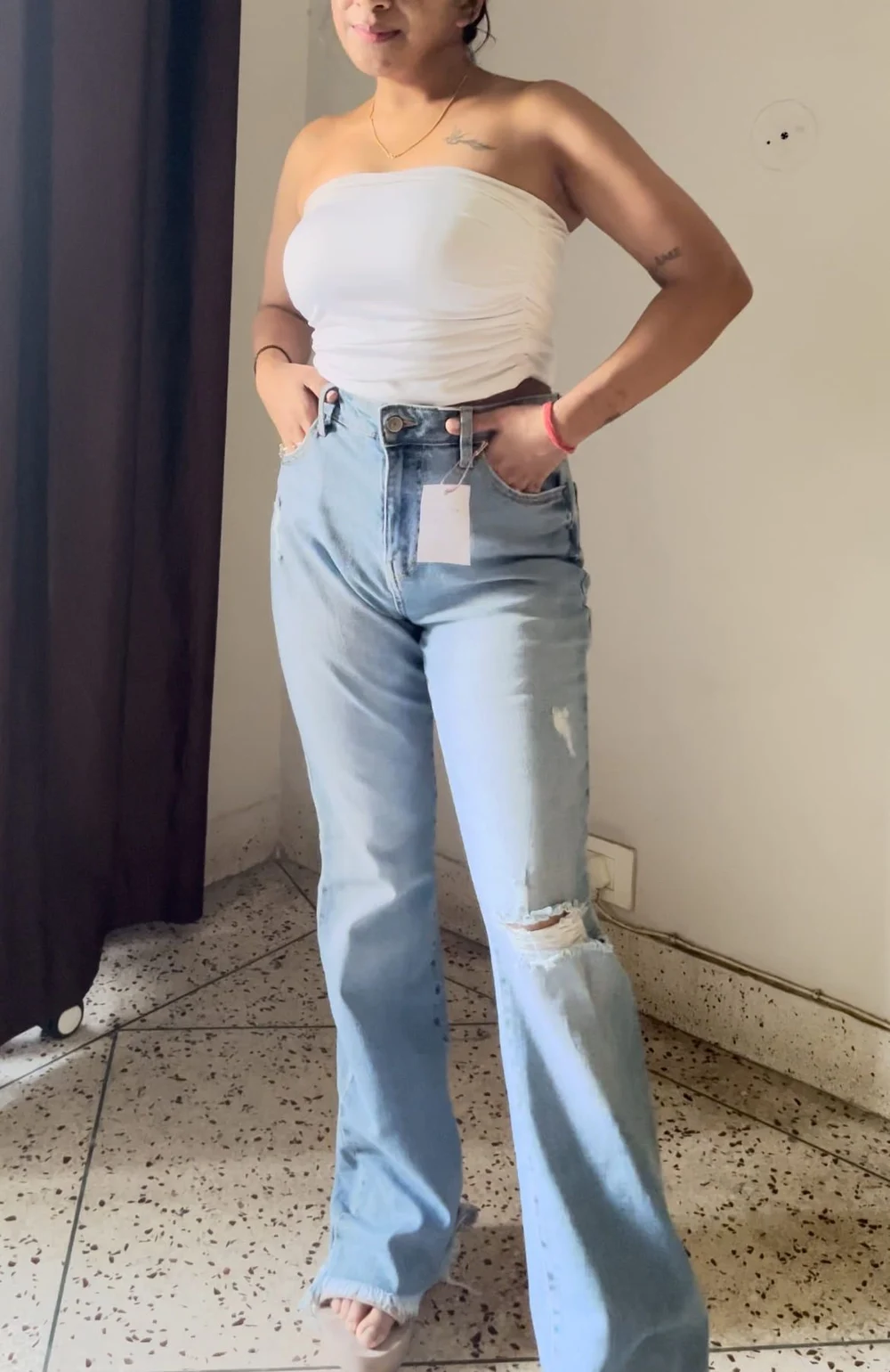 Blue bell-bottom ripped denim  thumbnail view 7